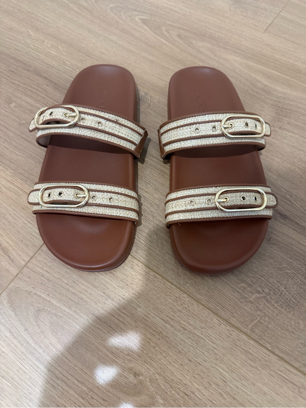 J. Crew Kira Brown Slide Sandals with Cream Buckle Straps